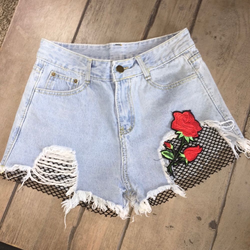 High Waisted Distressed Jean Shorts Small Red Rose Fishnet Punk Emo Rough Hem